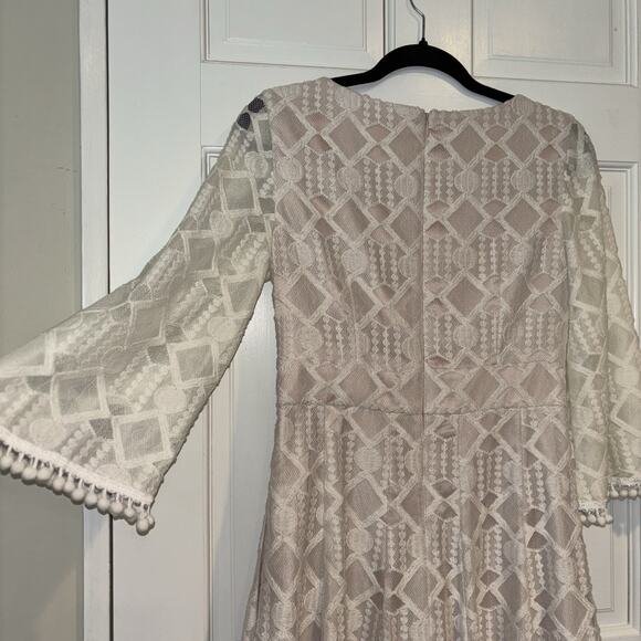 Eliza J Ivory Embroidered Lace Illusion Pom Pom Fit Flare Dress Size 6 - Picture 8 of 9